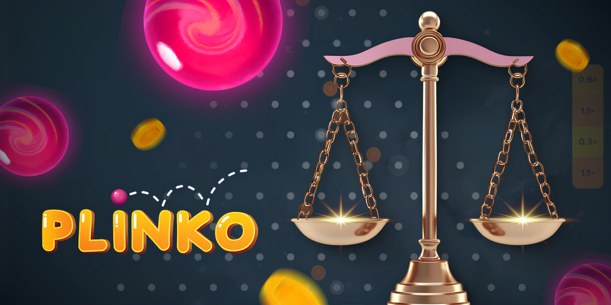 Plinko-Kugeln und eine goldene Waage als Symbol für verantwortungsbewusstes Spielen auf einem Spielbrett-Hintergrund